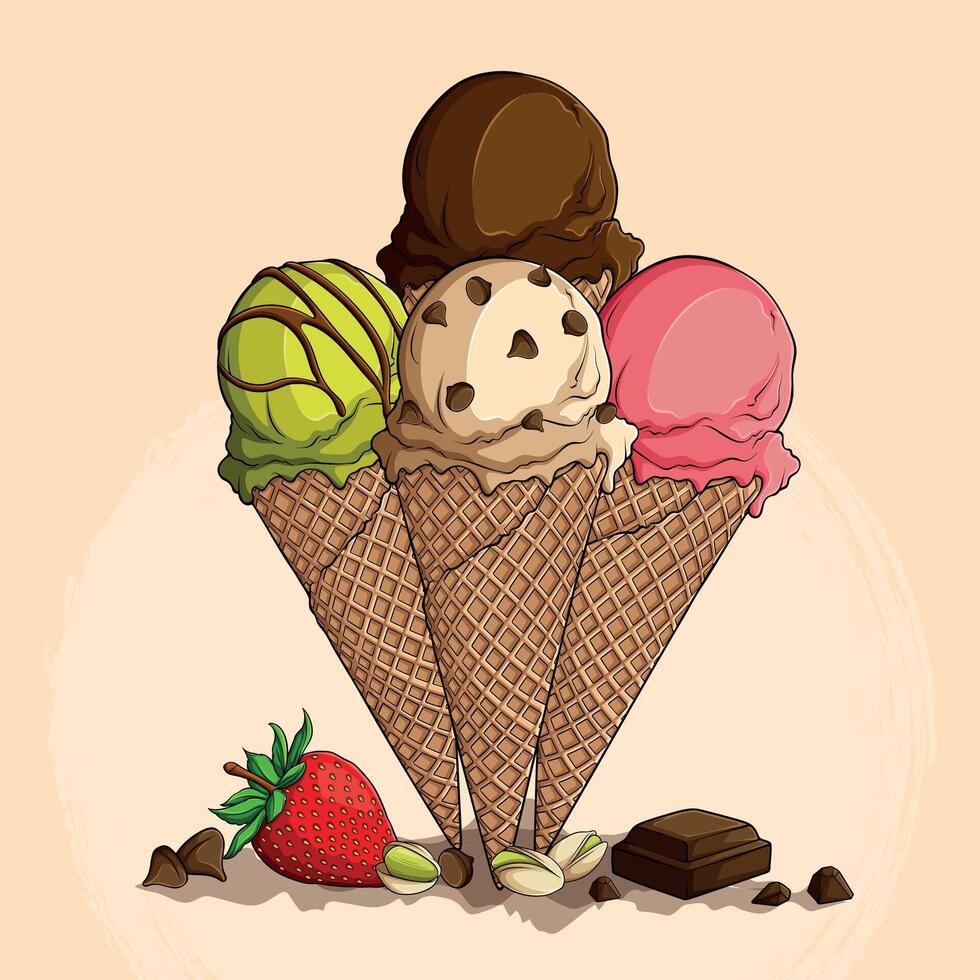 Ice cream cones with flavors and toppings vector