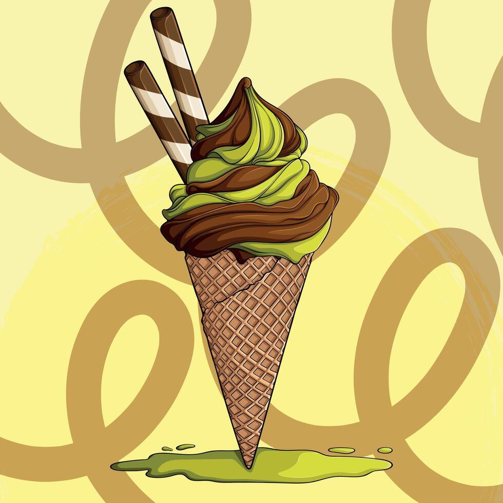 Chocolate and mint ice cream cone vector