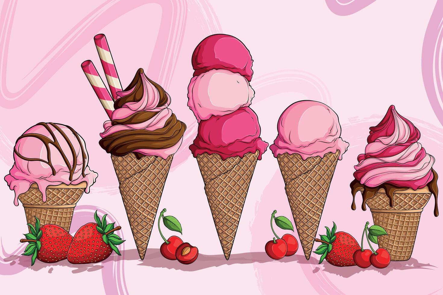 colorful ice cream cones with toppings vector