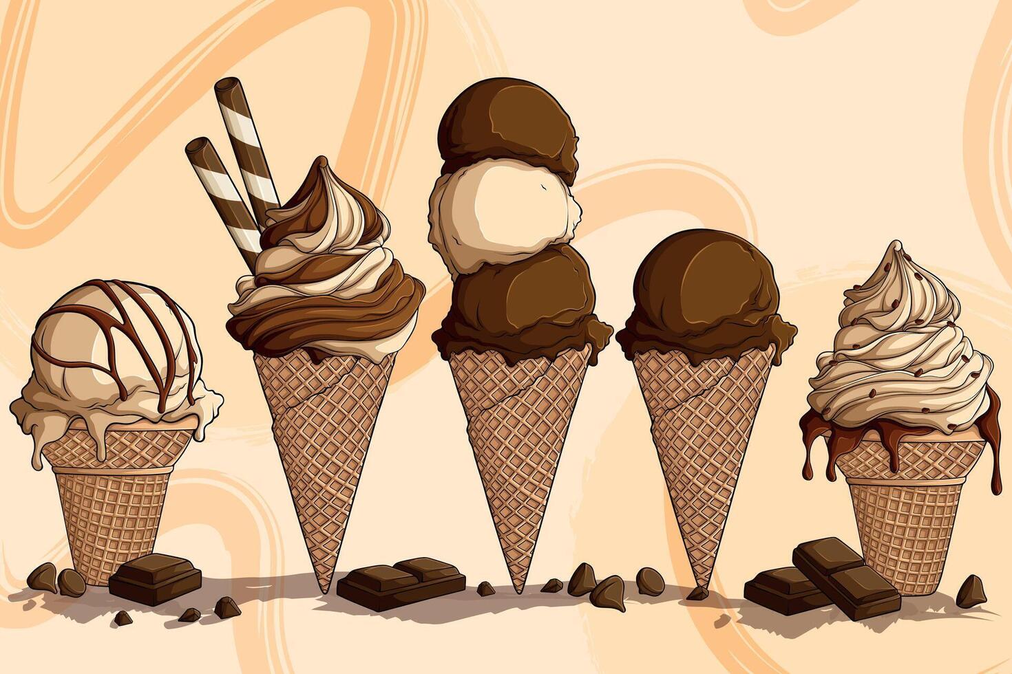 Variety of delicious ice cream cones vector