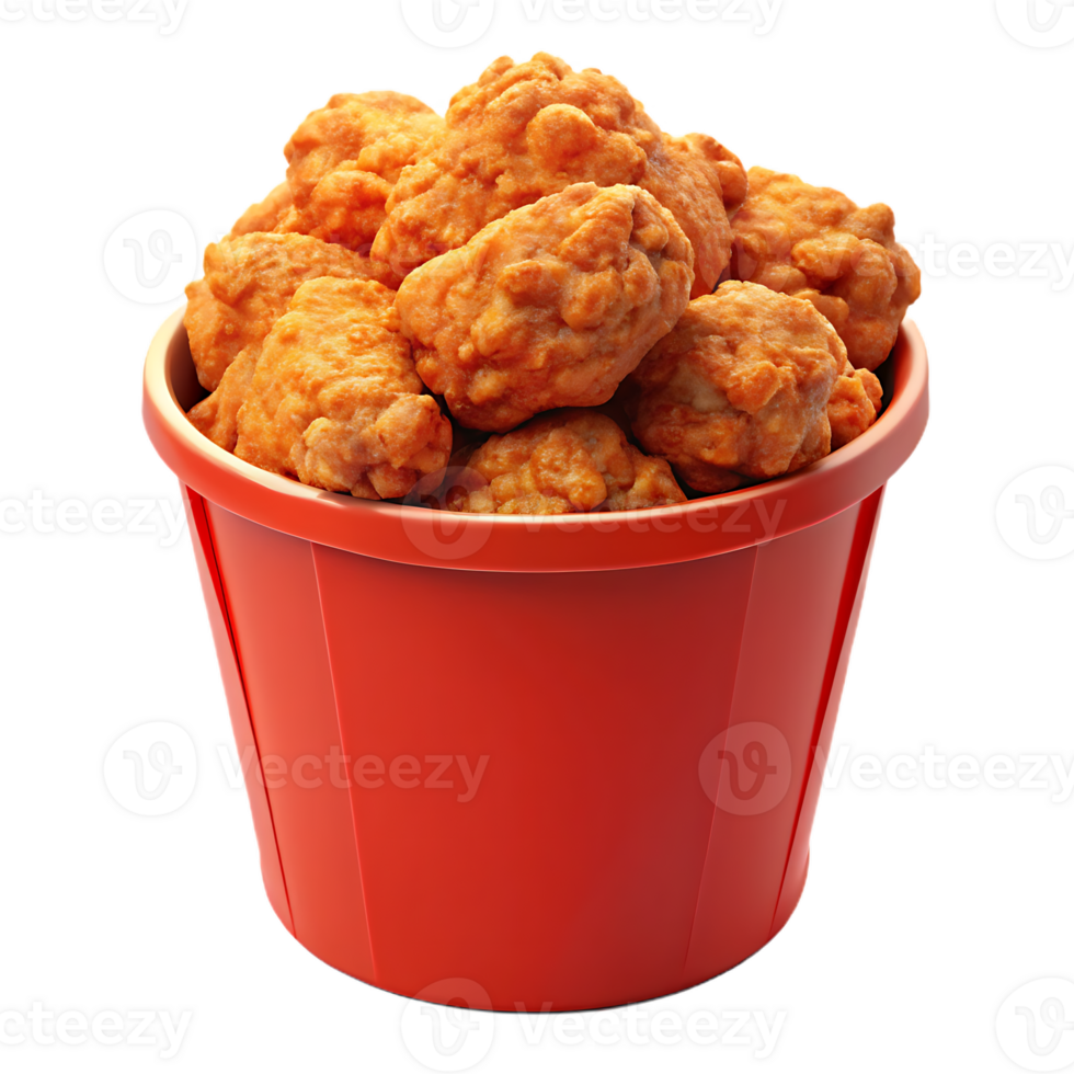 Golden fried chicken overflowing from red bucket png