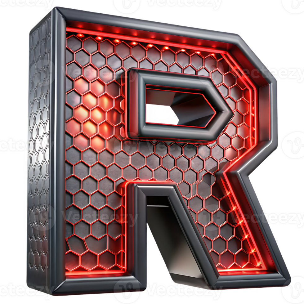 Metallic letter r with red honeycomb neon glow png