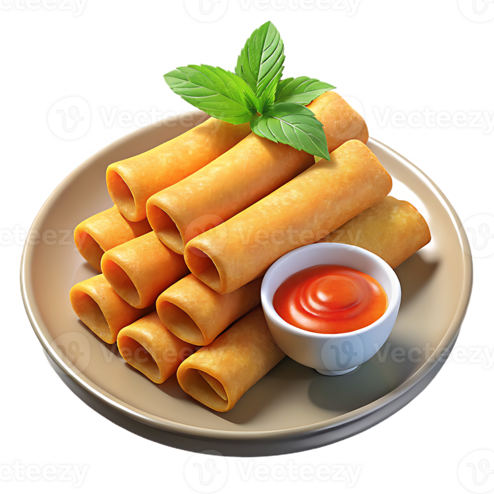 Golden fried spring rolls served with spicy dipping sauce and fresh basil png