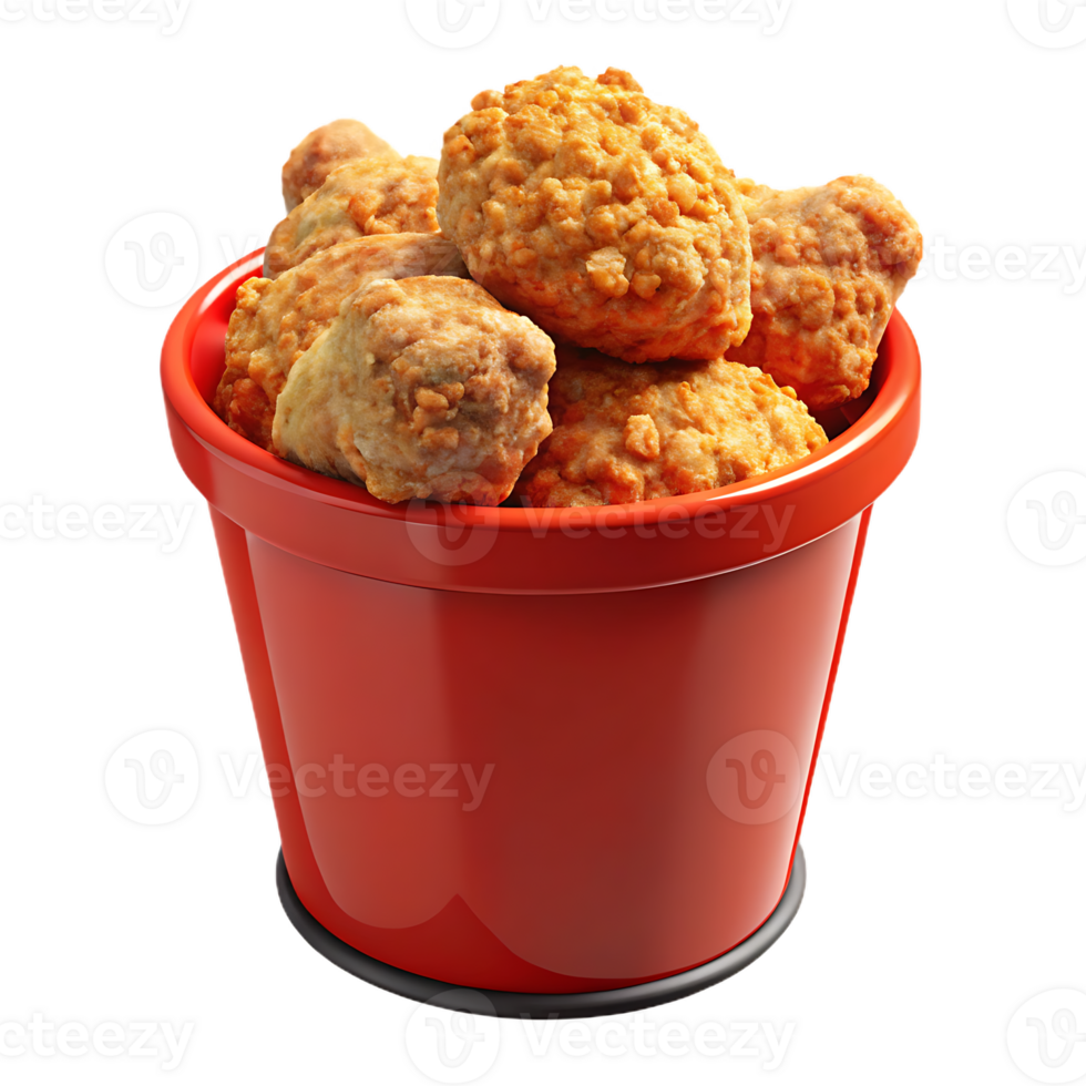 Crispy fried chicken spilling from bright red bucket png