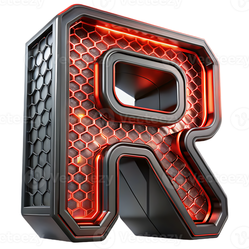 Glowing letter r with honeycomb texture on transparent background png