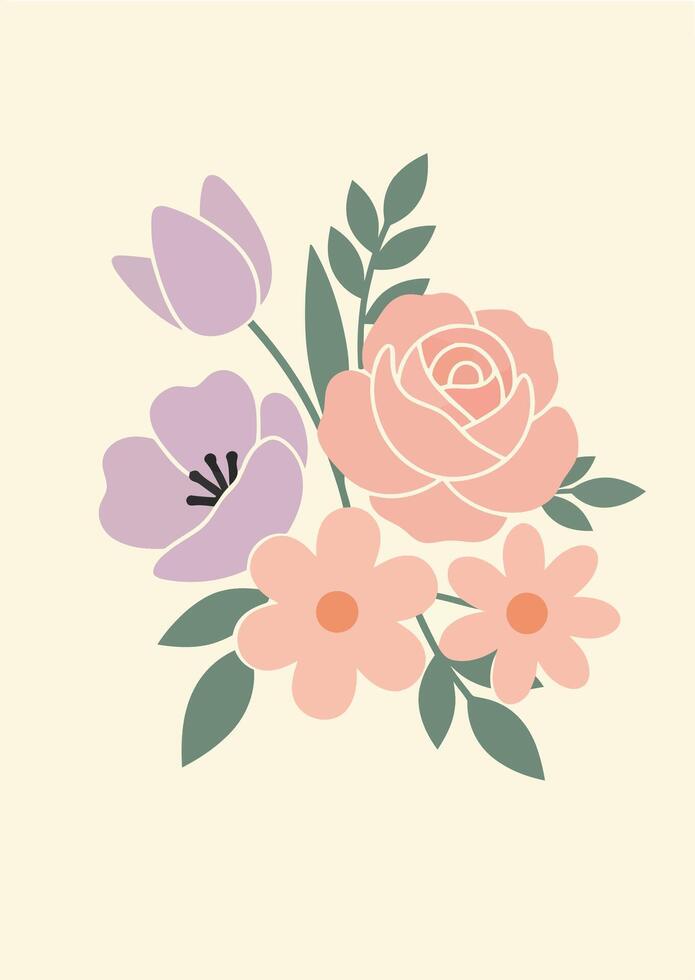 Floral bouquet with pastel pink and purple flowers and green leaves minimalist style illustration vector