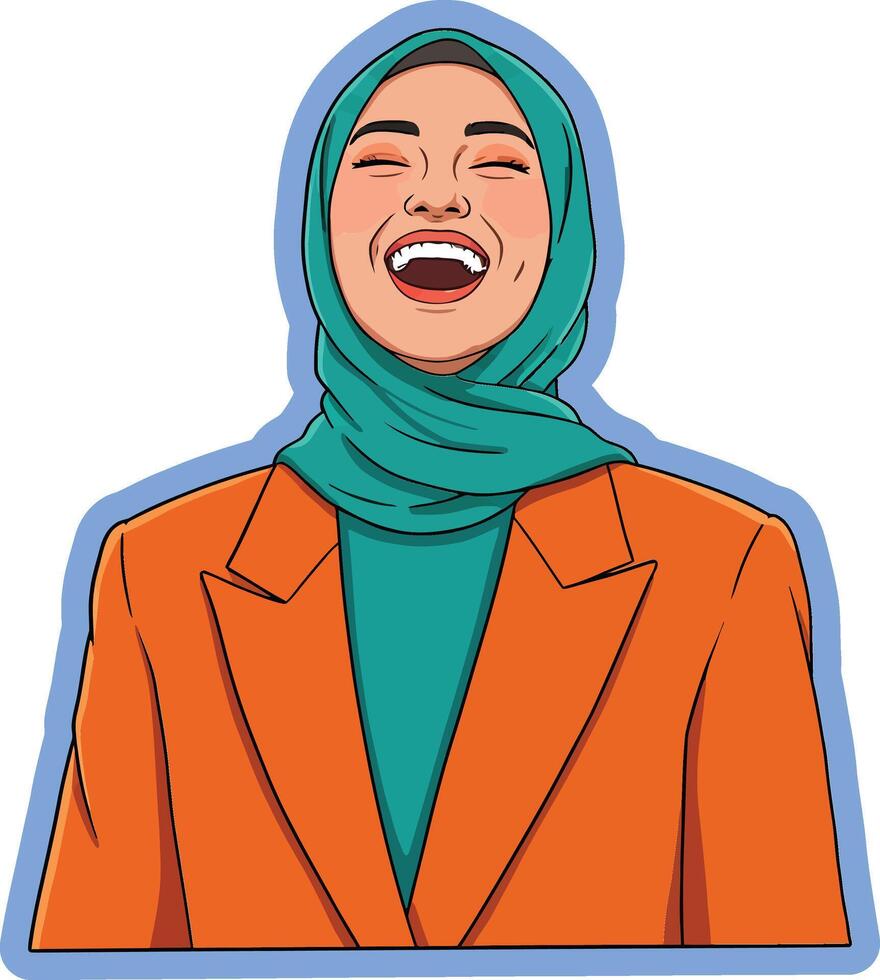 Woman wearing teal hijab and orange blazer laughing joyfully in digital illustration portrait style vector