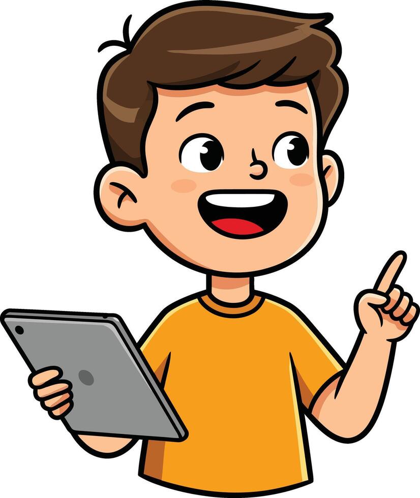 Boy holding digital tablet pointing up with cheerful expression on red background illustration vector