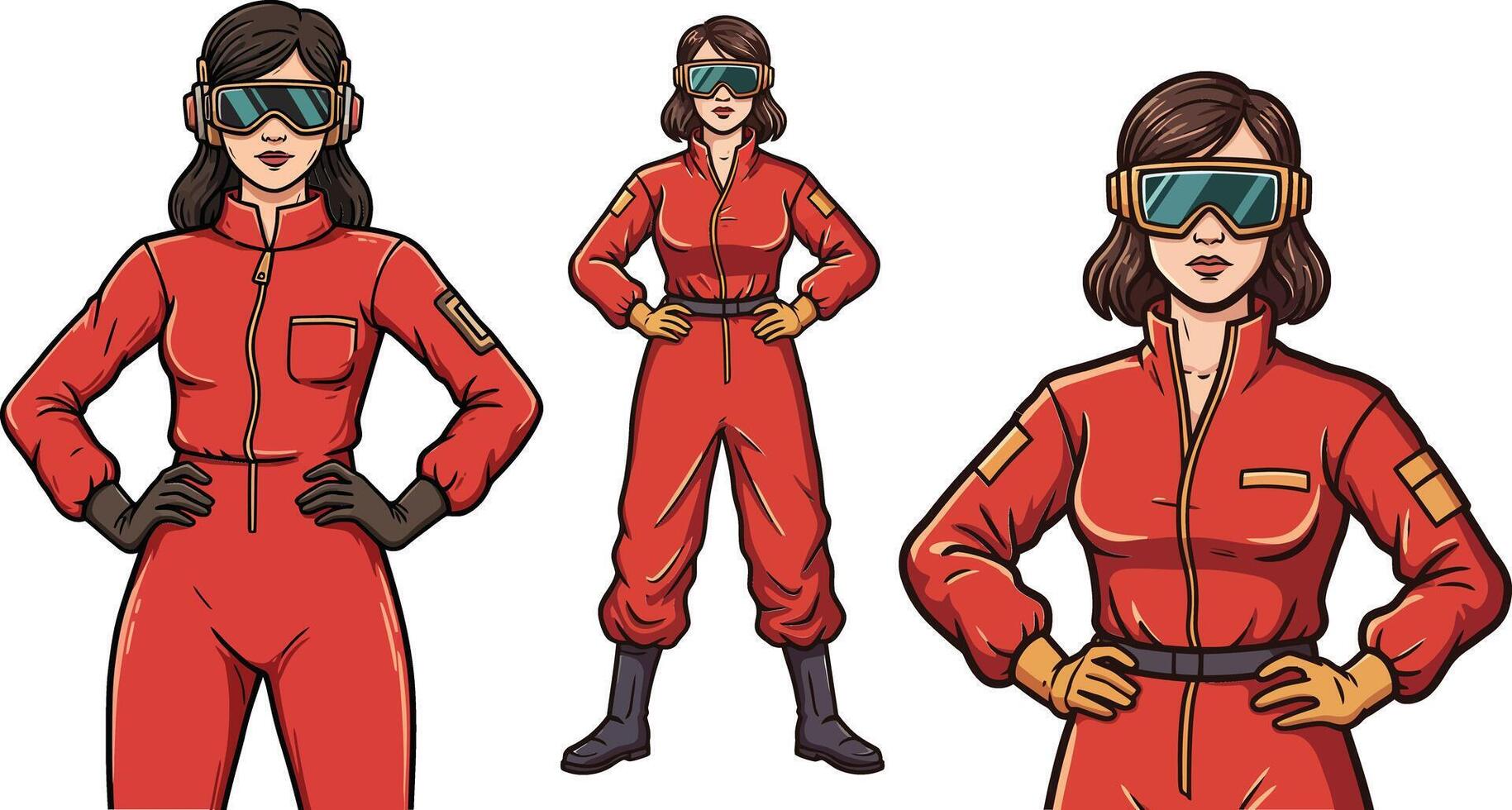 Woman in red jumpsuit with futuristic visor and confident stance in three poses illustration vector