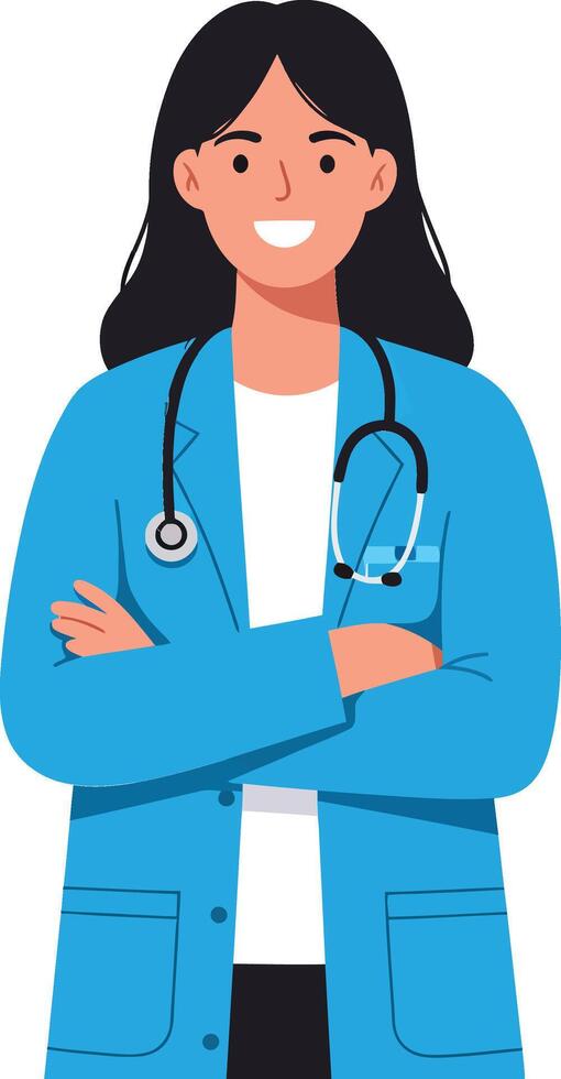 Female doctor in blue medical coat standing with arms crossed and smiling confidently in portrait style vector