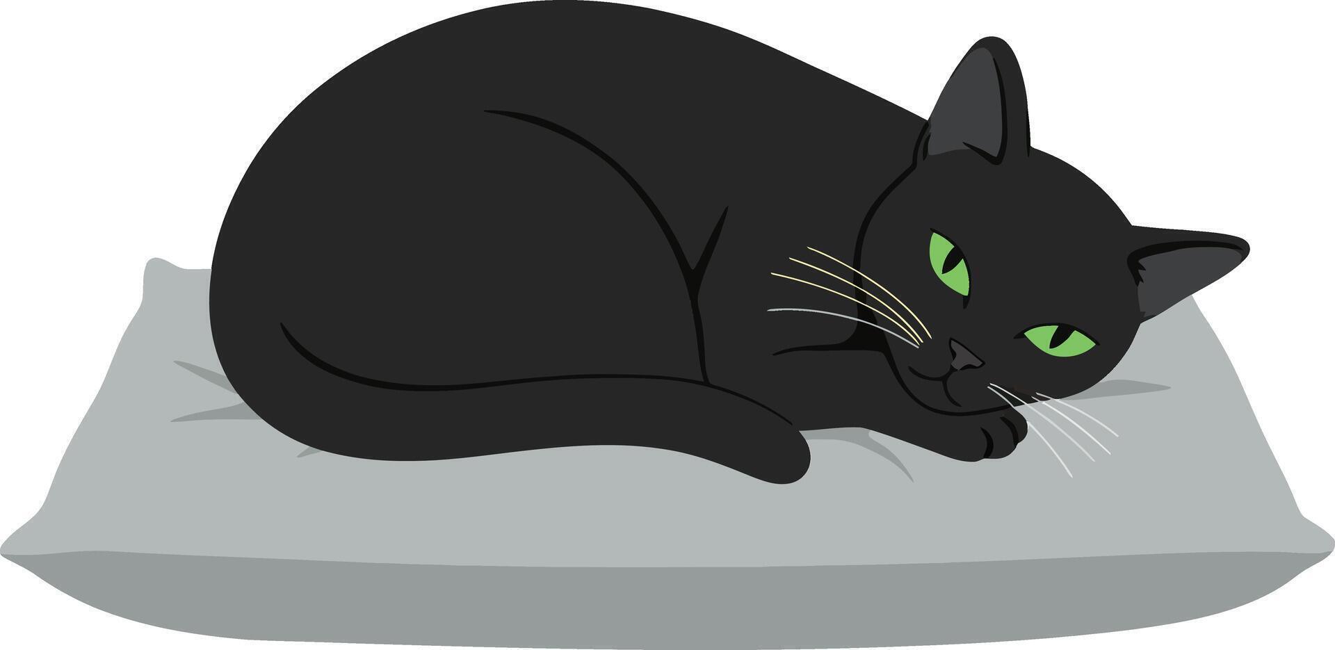 Black cat with green eyes resting peacefully on gray cushion indoor pet relaxation calm mood vector