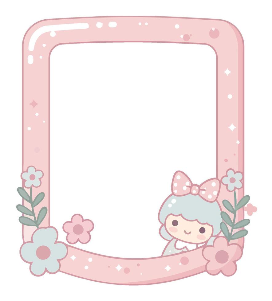 Pink cute cartoon frame with flowers and character in bow headband for decoration and design vector