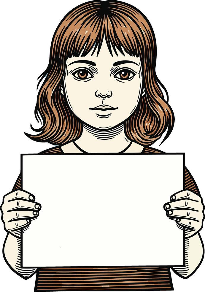 Young girl holding blank white sign for messages or announcements with serious expression natural drawing style vector
