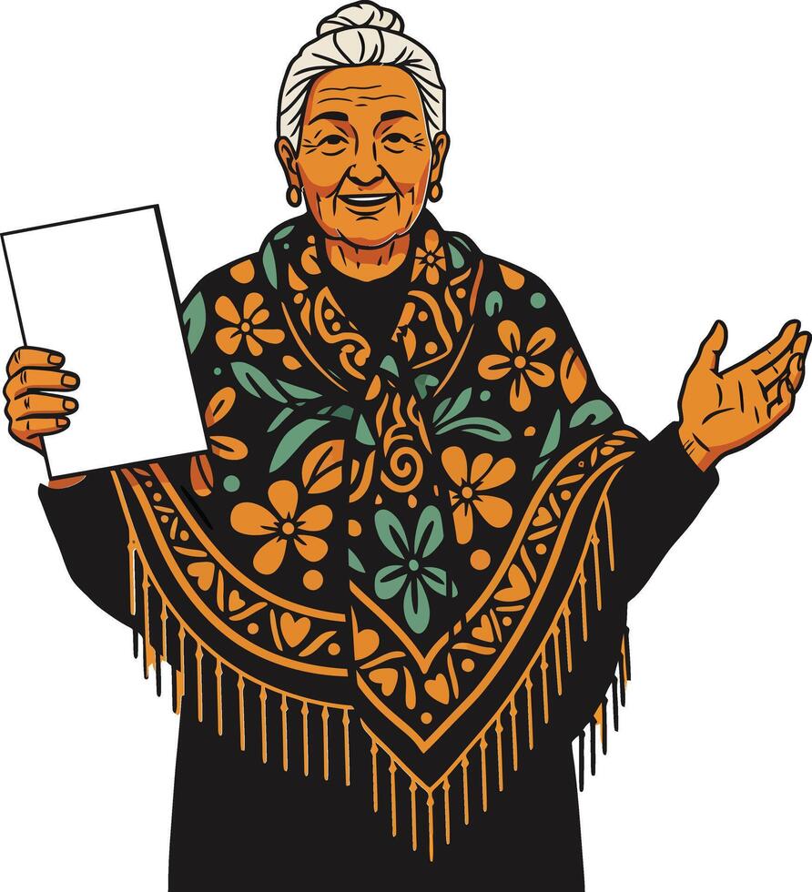 Elderly woman holding blank paper wearing floral patterned shawl with fringe smiling happily vector