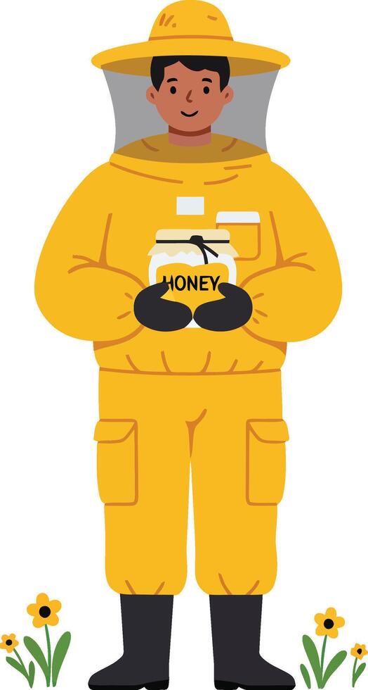 Beekeeper in protective yellow suit holding honey jar standing near small flowers illustration vector