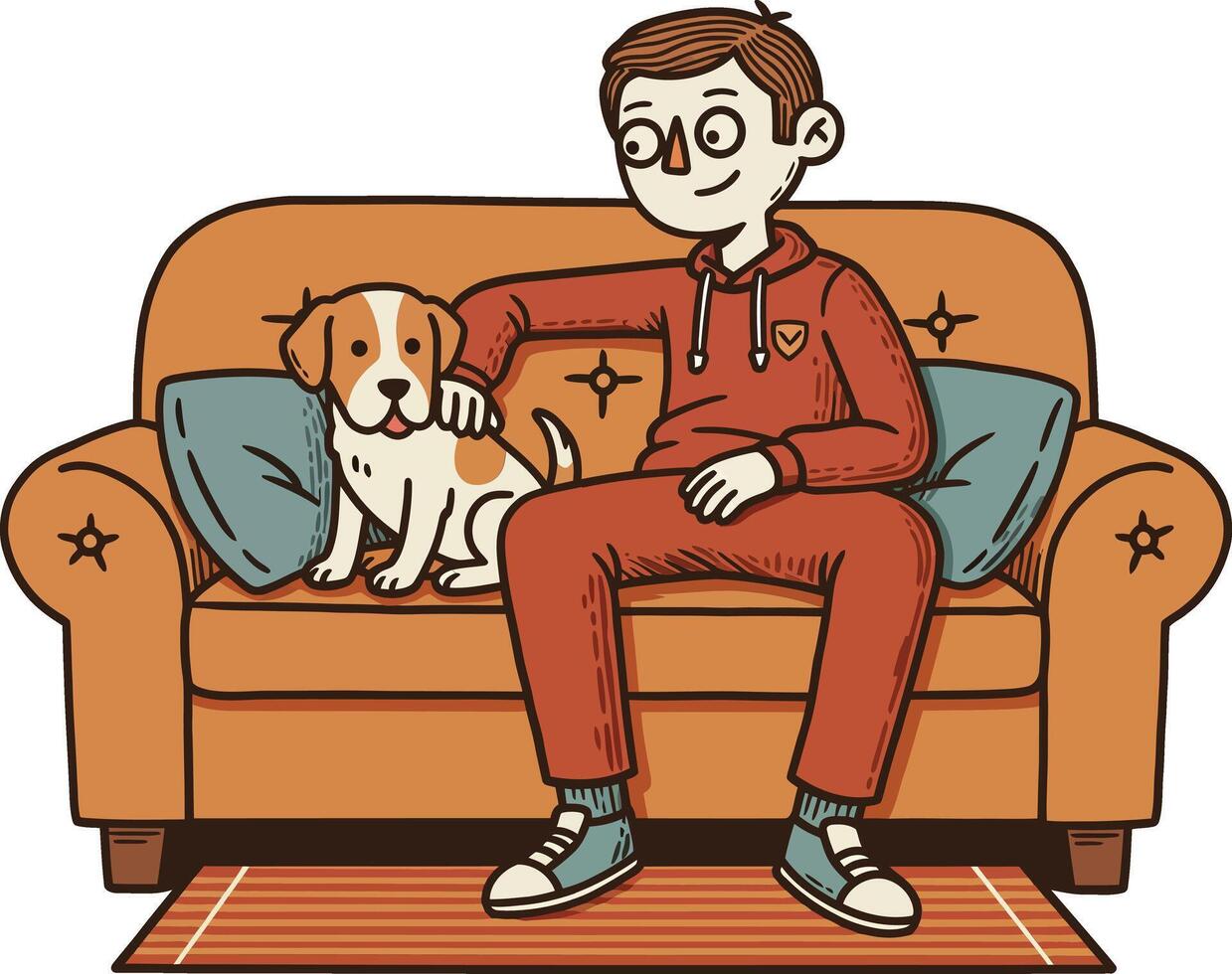 Boy sitting on orange couch petting small brown and white dog indoor living room scene vector