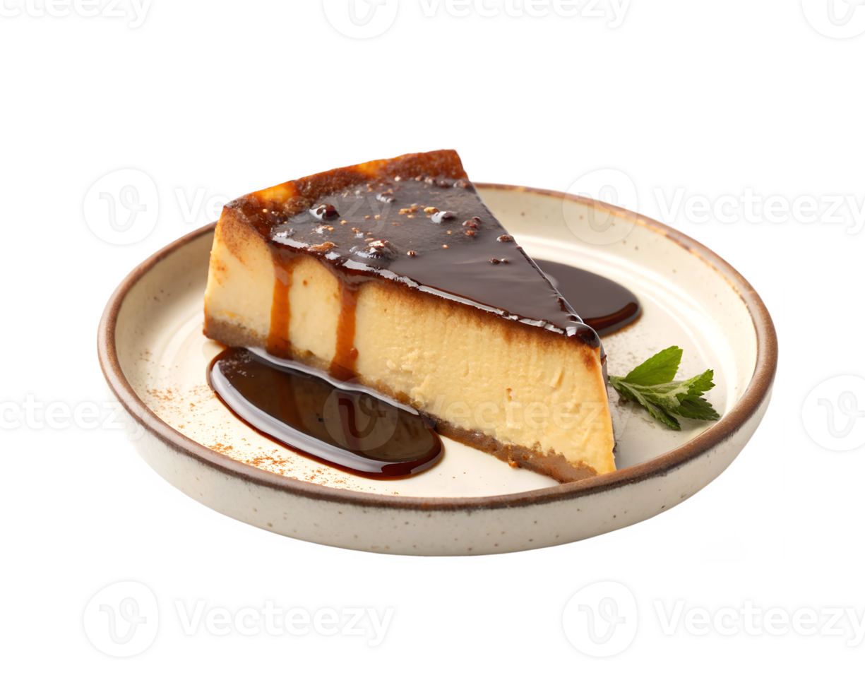 Chocolate flan slice served on a plate isolated on transparent background png