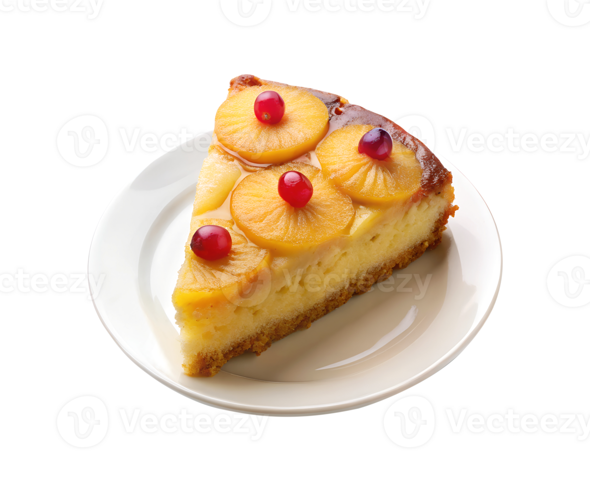 Pineapple upside down cake slice on a plate isolated on transparent background png
