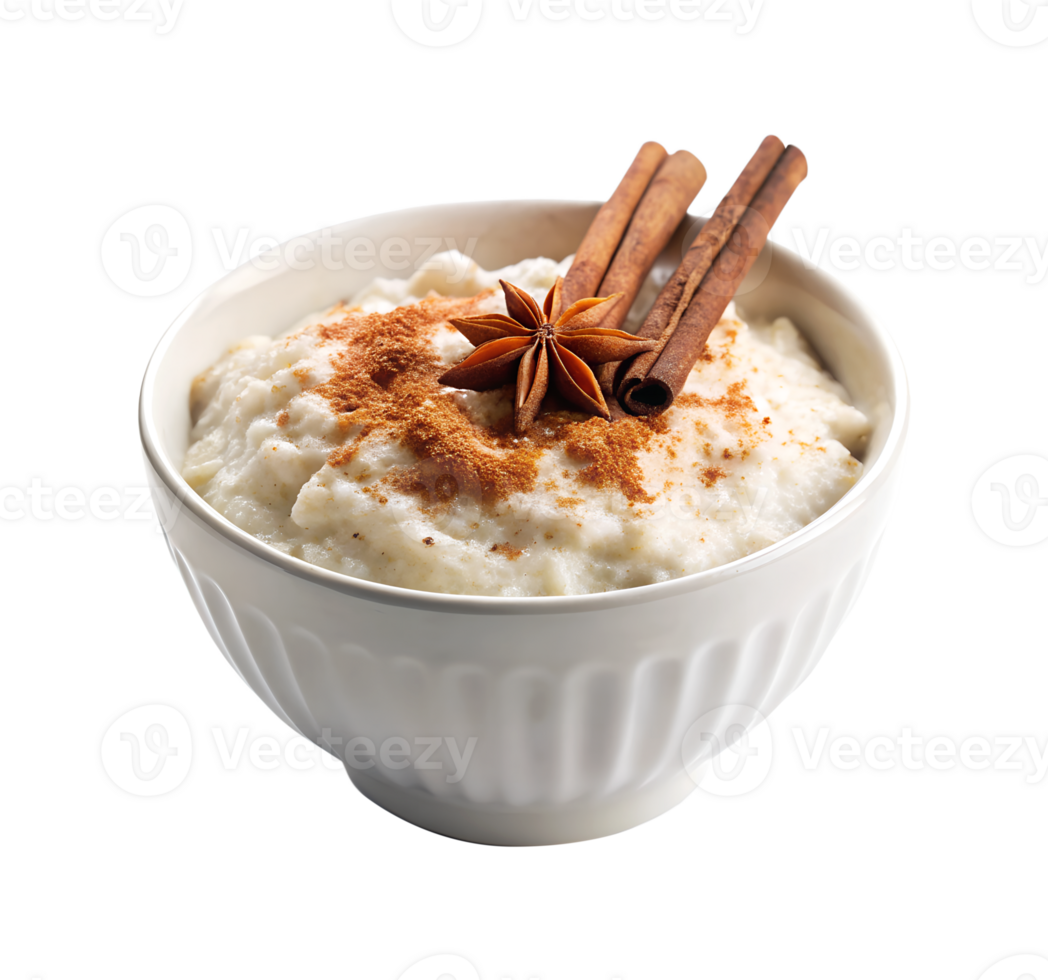 Rice pudding with cinnamon in a white bowl isolated on transparent background png
