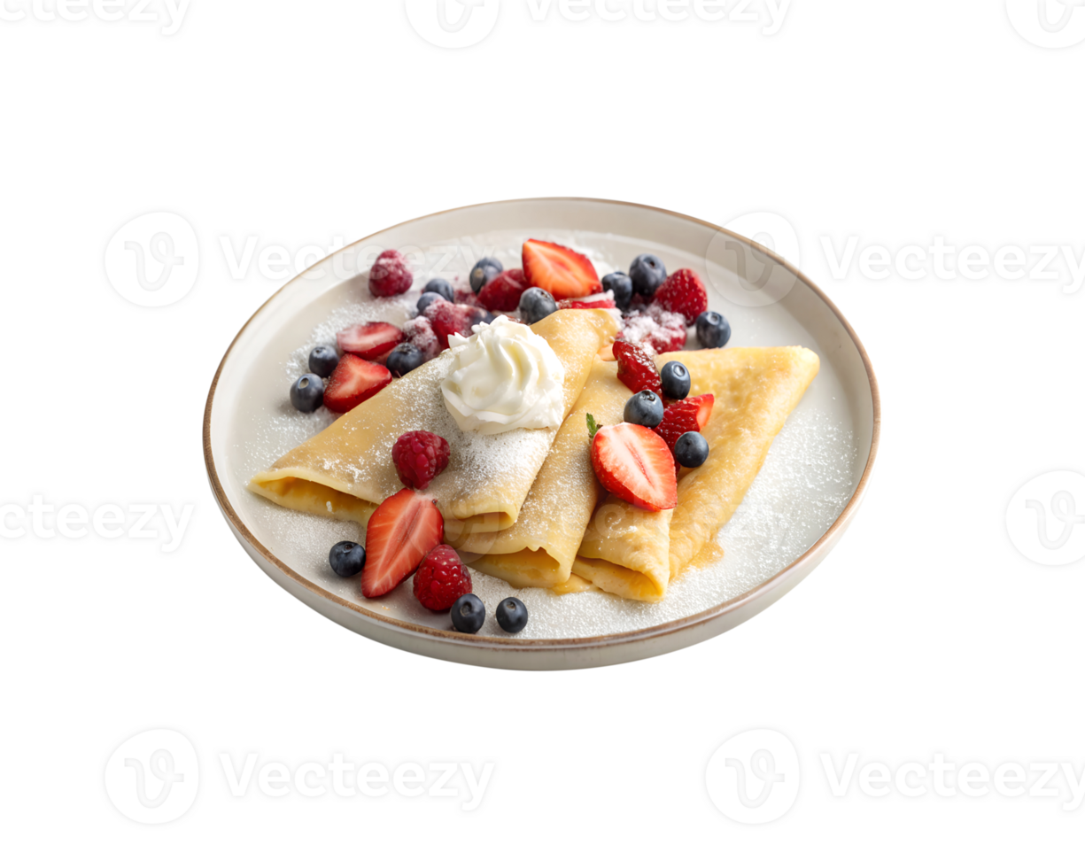 Sweet crepes with berries and cream served on a plate isolated on transparent background png