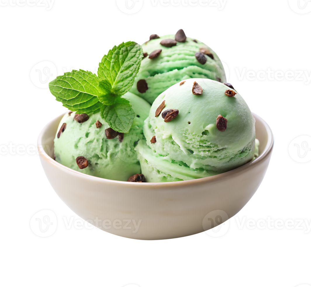 Mint chocolate chip ice cream scoop in a brown bowl isolated on transparent background png