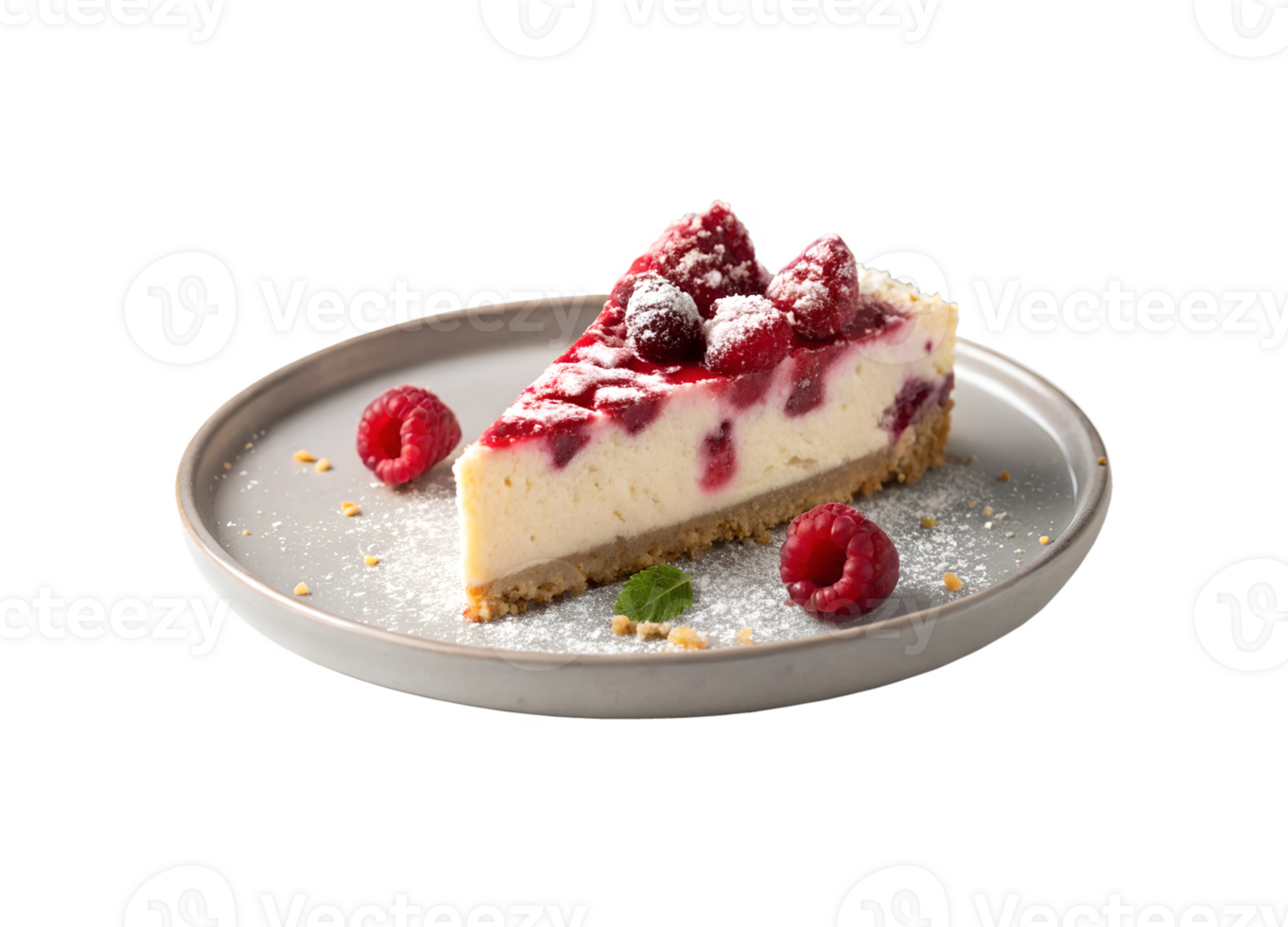 Raspberry cheesecake slice served on a plate isolated on transparent background png