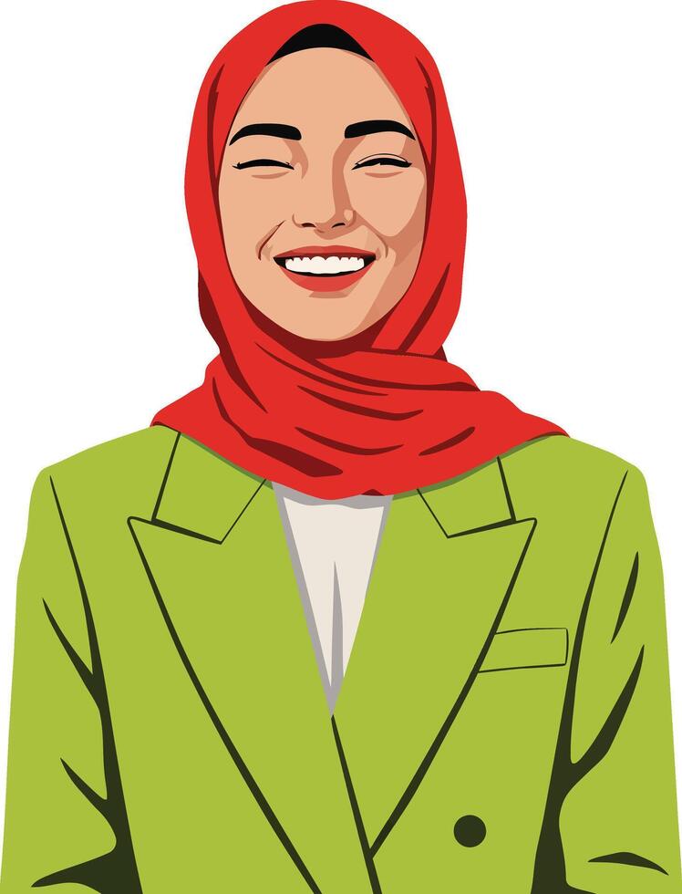 Young woman smiling wearing red hijab and green blazer portrait illustration cheerful expression vector