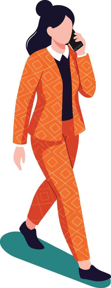 Woman in orange suit walking and talking on phone in isometric business concept illustration vector