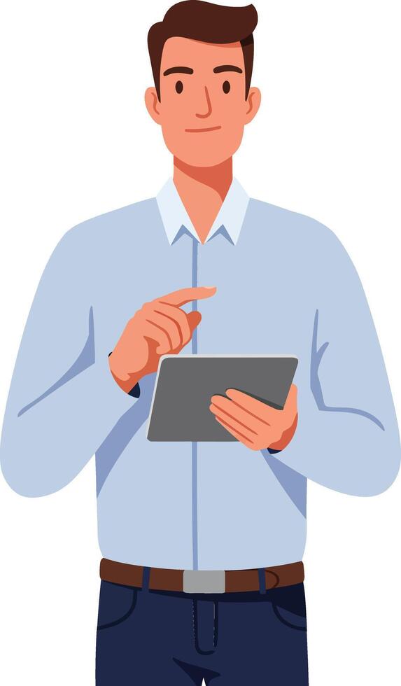 Young man using digital tablet in casual shirt with neutral background illustration technology and lifestyle concept vector