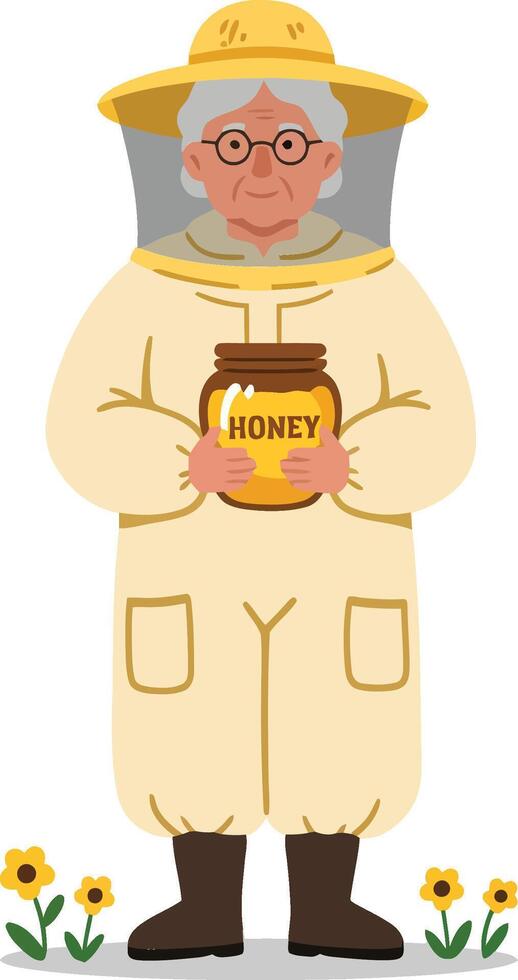Beekeeper in protective suit holding honey jar with sunflowers standing on white background illustration vector