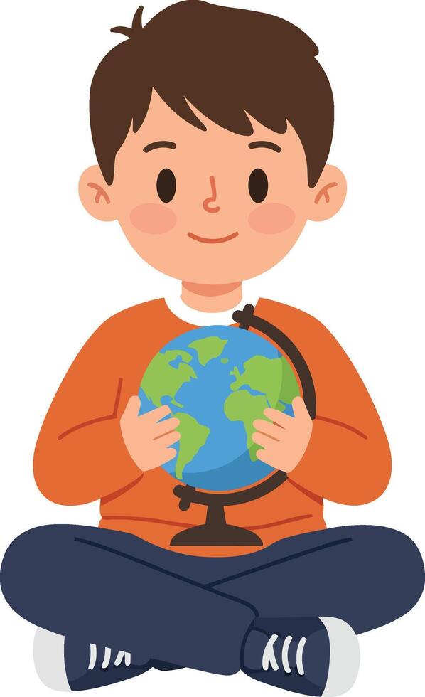 Young boy sitting cross-legged holding globe educational concept for children learning about world geography and cultures vector