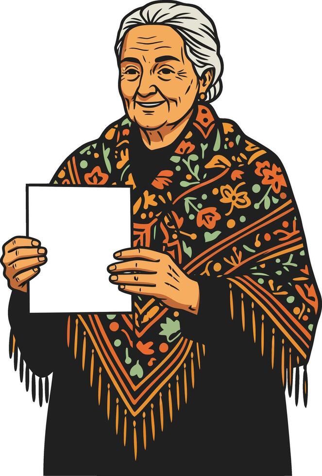 Elderly woman wearing patterned shawl holding blank paper portrait illustration with traditional textile design and gray hair vector