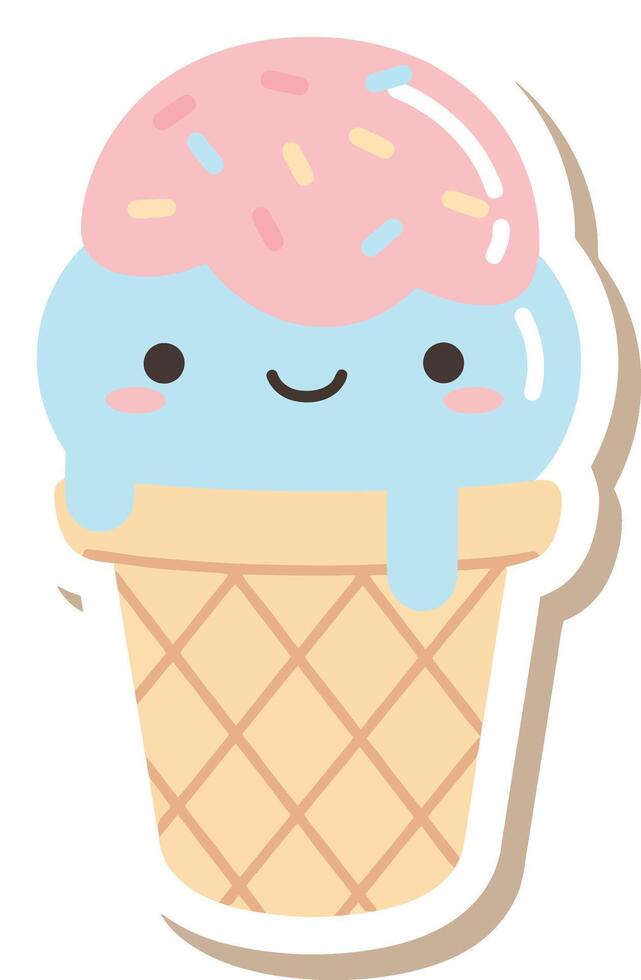 Cute smiling ice cream cone with pink and blue scoops and waffle cone illustration in pastel colors vector