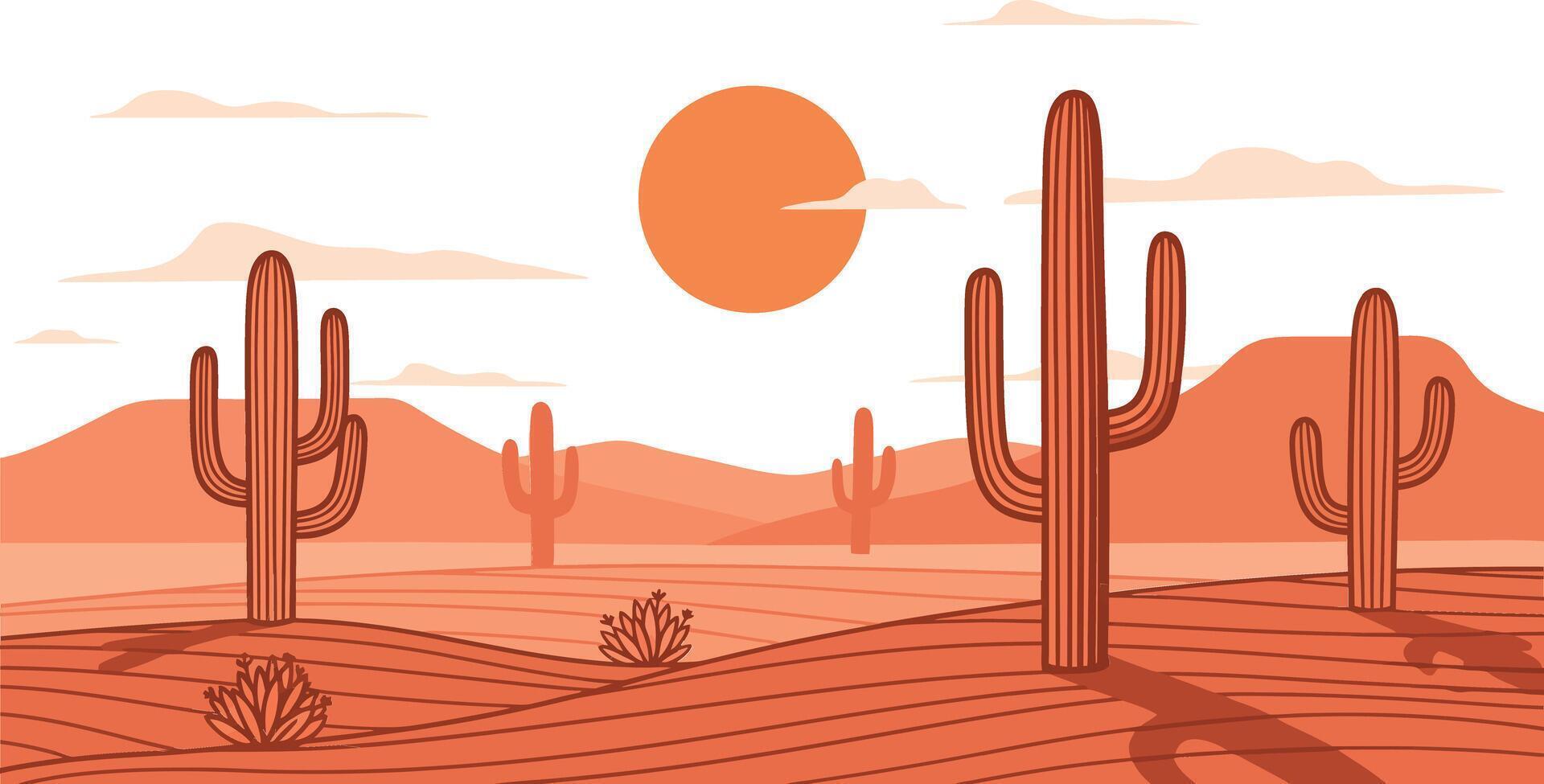 Desert landscape with tall cacti under orange sun and mountains illustration in warm tones vector