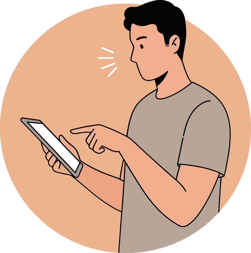 Young man using digital tablet device for browsing or work in casual outfit illustration vector
