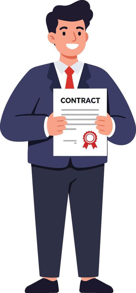 Young man holding certificate of achievement smiling in formal suit celebrating success and accomplishment vector