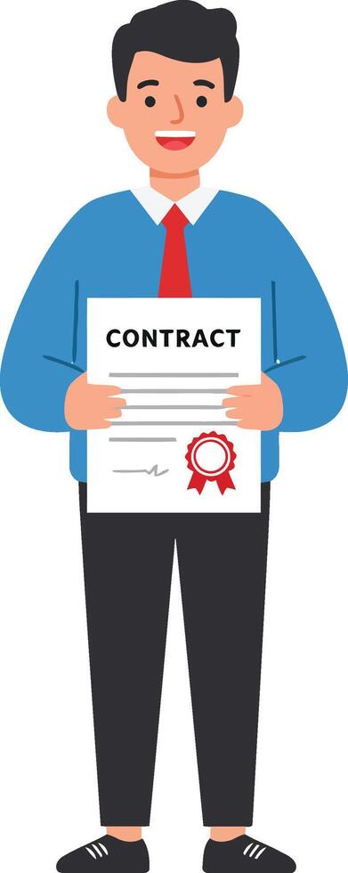 Man holding signed contract document in blue jacket and red tie standing on white background for business agreement concept vector