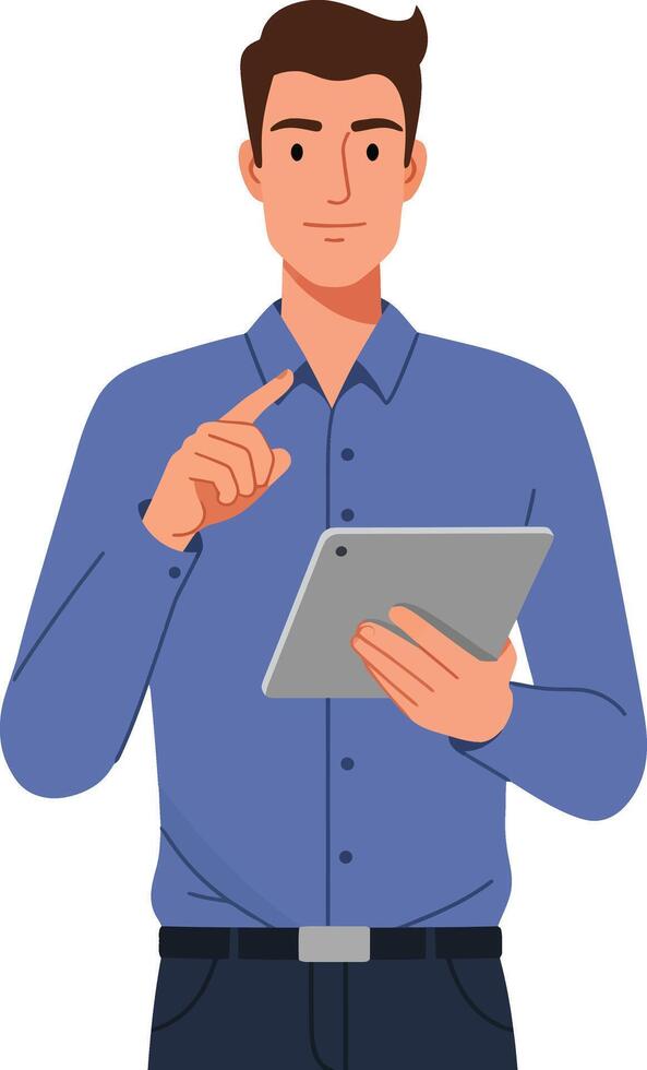 Young man using tablet device wearing blue shirt digital technology concept illustration vector