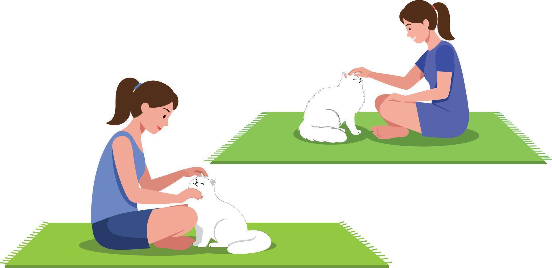 Girl playing with white cat on green mat in simple lifestyle scene with blue shirt and ponytail hairstyle vector