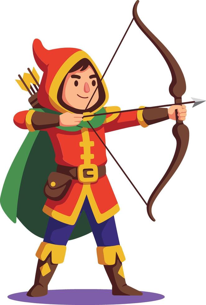 Young archer character in medieval fantasy costume aiming bow and arrow with quiver and green cape illustration vector