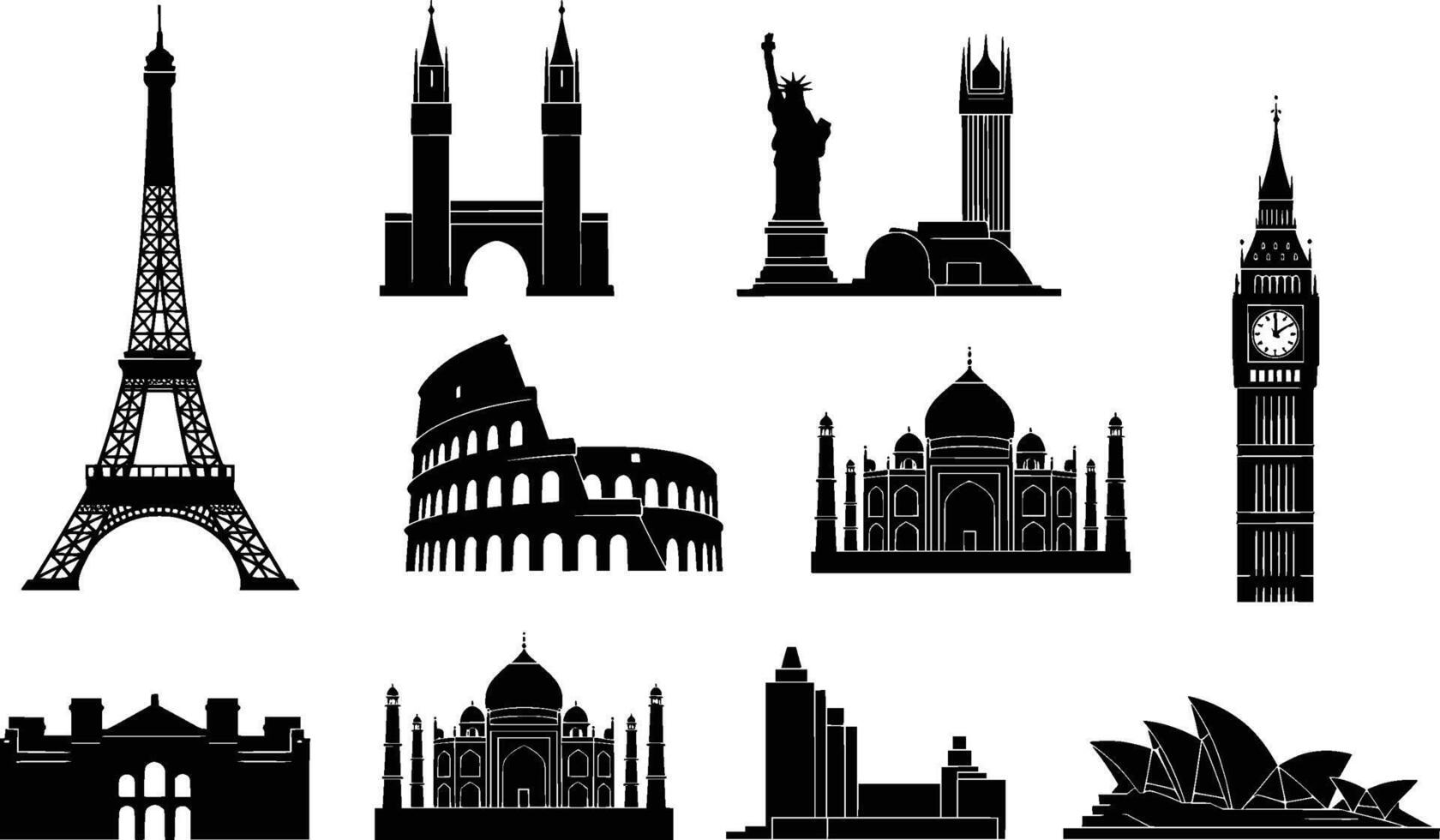 twelve famous world landmarks silhouettes isolated on white background vector