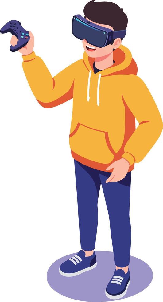 Boy wearing virtual reality headset playing immersive game with controller in casual clothes yellow orange hoodie and blue sneakers vector