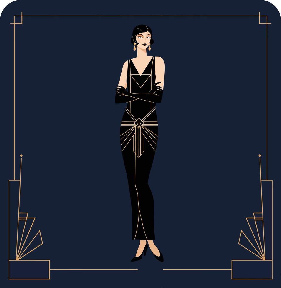Elegant woman in black evening dress with gloves posing in art deco style frame with gold accents and navy background vector