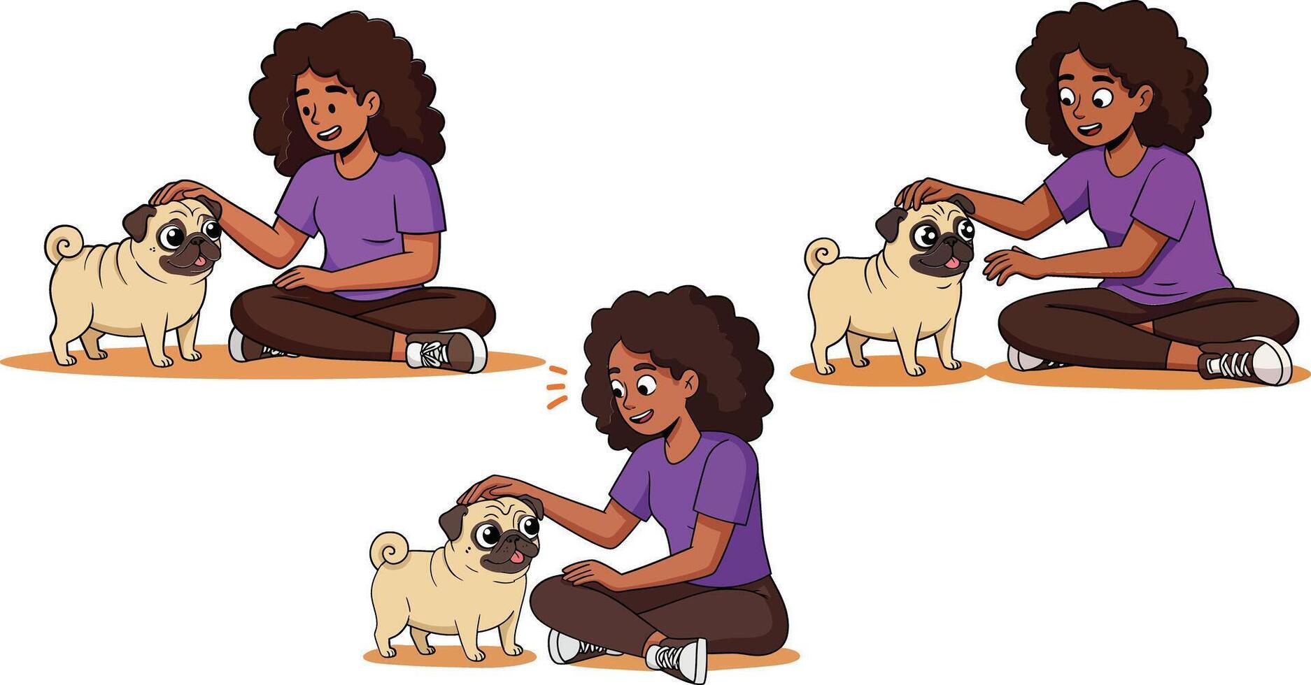 Young woman playing with small pug dog indoors in casual purple shirt and brown pants cheerful interaction vector