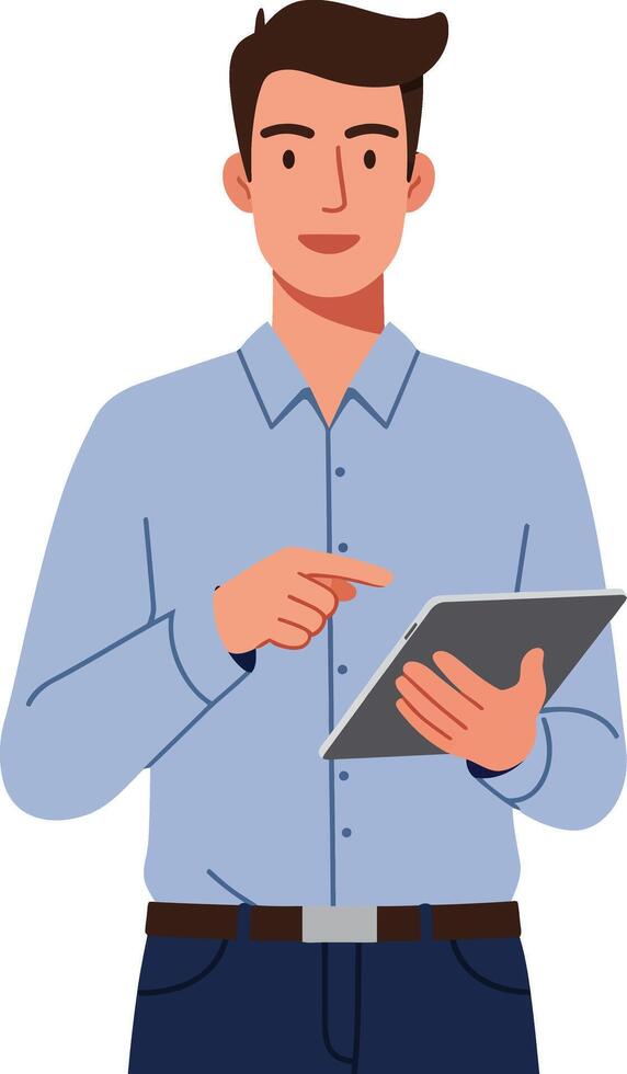 Young man using digital tablet for work or leisure in casual blue shirt and jeans illustration vector