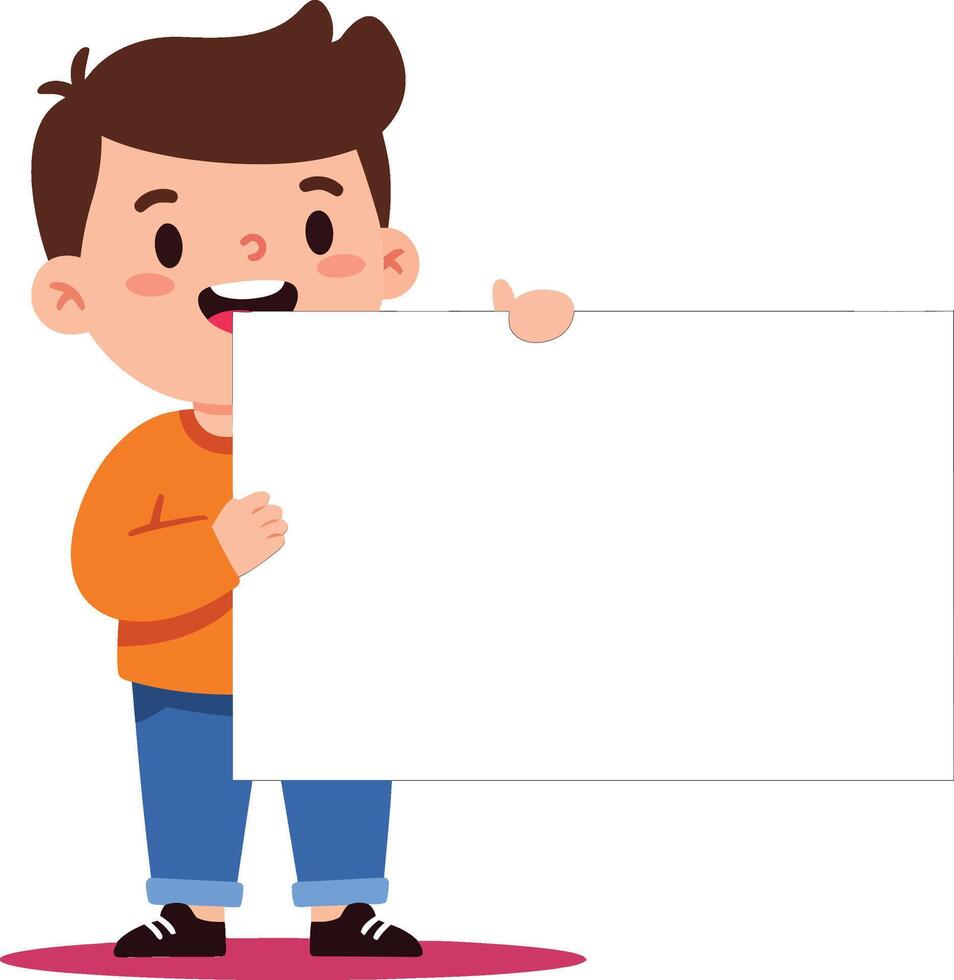 Little boy holding blank white board with happy expression and casual clothes illustration vector