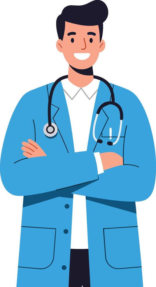 Male doctor in blue coat with stethoscope standing confidently with arms crossed in medical setting vector