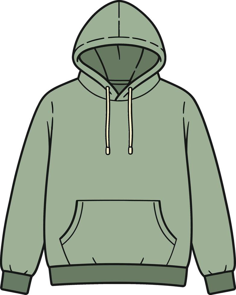 Green hoodie with front pocket and adjustable drawstrings casual pullover clothing apparel vector