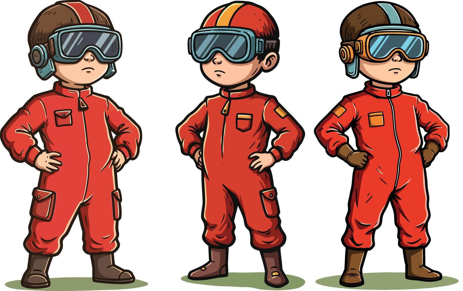 Three confident children wearing red racing suits and helmets standing with hands on hips in cartoon style illustration vector
