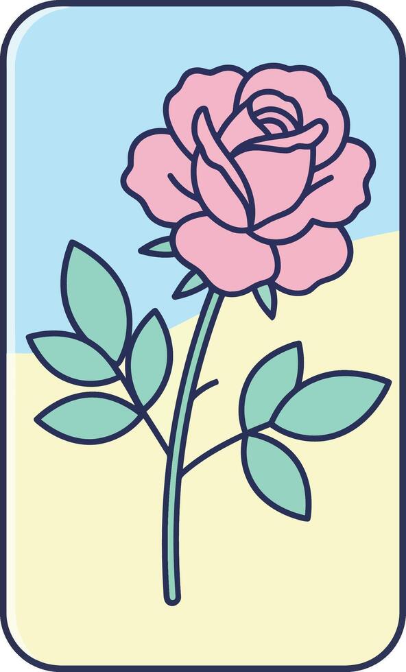 Pink rose flower illustration with green leaves on blue and yellow background in simple style vector